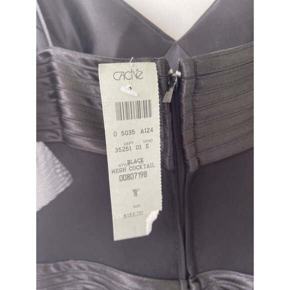Cache Black Mesh Cocktail Dress Size 8 NWT – Pleated Bodice Spaghetti Strap Midi - Picture 2 of 7